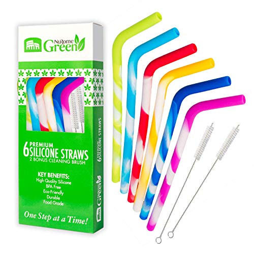 Book Cover NuRome Silicone Reusable Drinking Straws Set of 6 for Drinking, Compatible w/30 oz Tumblr/Yeti/Rtic | Eco-Friendly & Food Grade | w/Cleaning Brush by NuRome Green