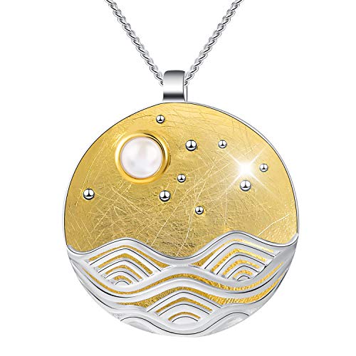 Book Cover Lotus Fun S925 Sterling Silver Necklace Pendant Moonlight on The Sea Pendant with Link Chain Length 17inches, Handmade Jewelry Gift for Women and Girls