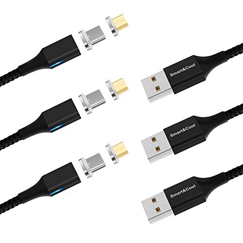Book Cover Smart&Cool GenX Nylon Braided 3 in 1 Max 3.0A Fast Charging & Data Sync Magnetic Cable Compatible with USB-C Phones i-Product and Micro-USB Interface Phones & Tablets, Black, Pack of 3/5'
