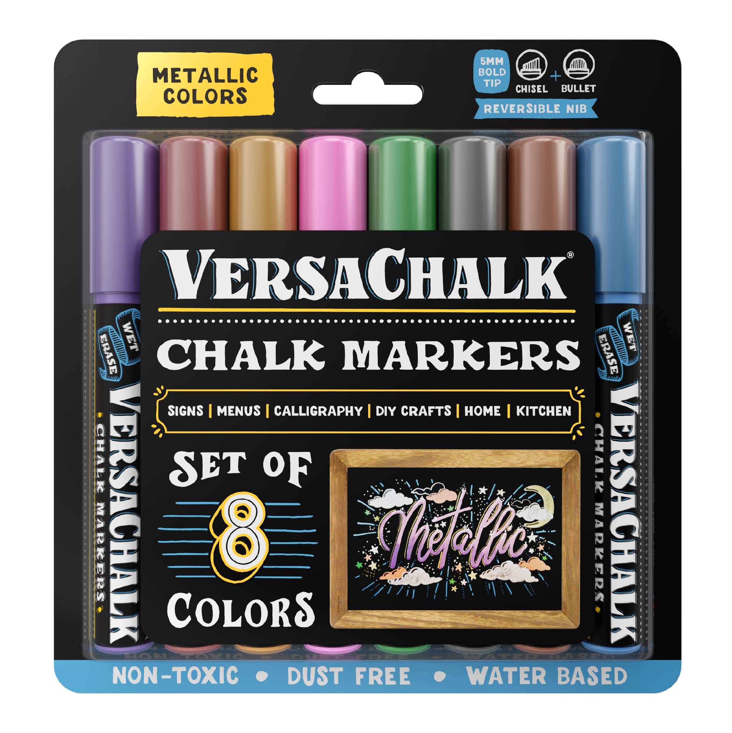 Book Cover VersaChalk Metallic Liquid Chalk Markers for Blackboards (8 Pack, 5mm, Bold Tip) - Erasable Washable Chalk Pens for Chalkboard Signs, Windows, Glass, Events, Schools, Office Supplies, and Business Bold 5mm Metallic