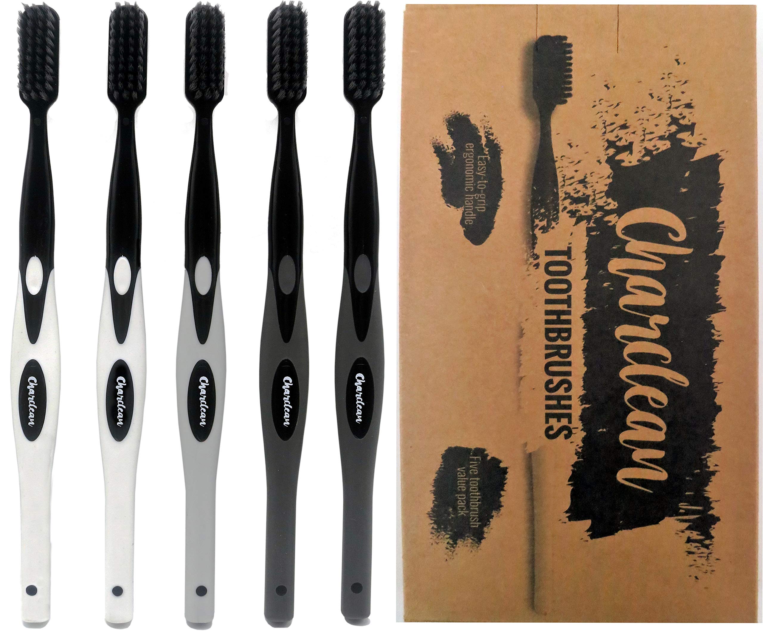 Book Cover 5 Pack Activated Charcoal Infused Toothbrush Ultra Soft Bristles - Naturally Whitening - Ergonomic Soft Touch Handle (Grey)