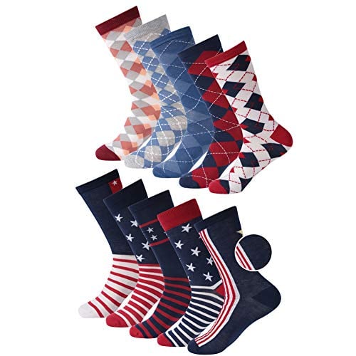 Book Cover Crazy Eleven Men's Argyle/Ameriacan Flag Pattern Dress Socks 5/10 Pack Business Groomsmen Gift Socks