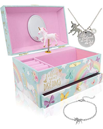 Book Cover The Memory Building Company Unicorn Music Box & Little Girls Jewelry Set - 3 Unicorn Gifts for Girls