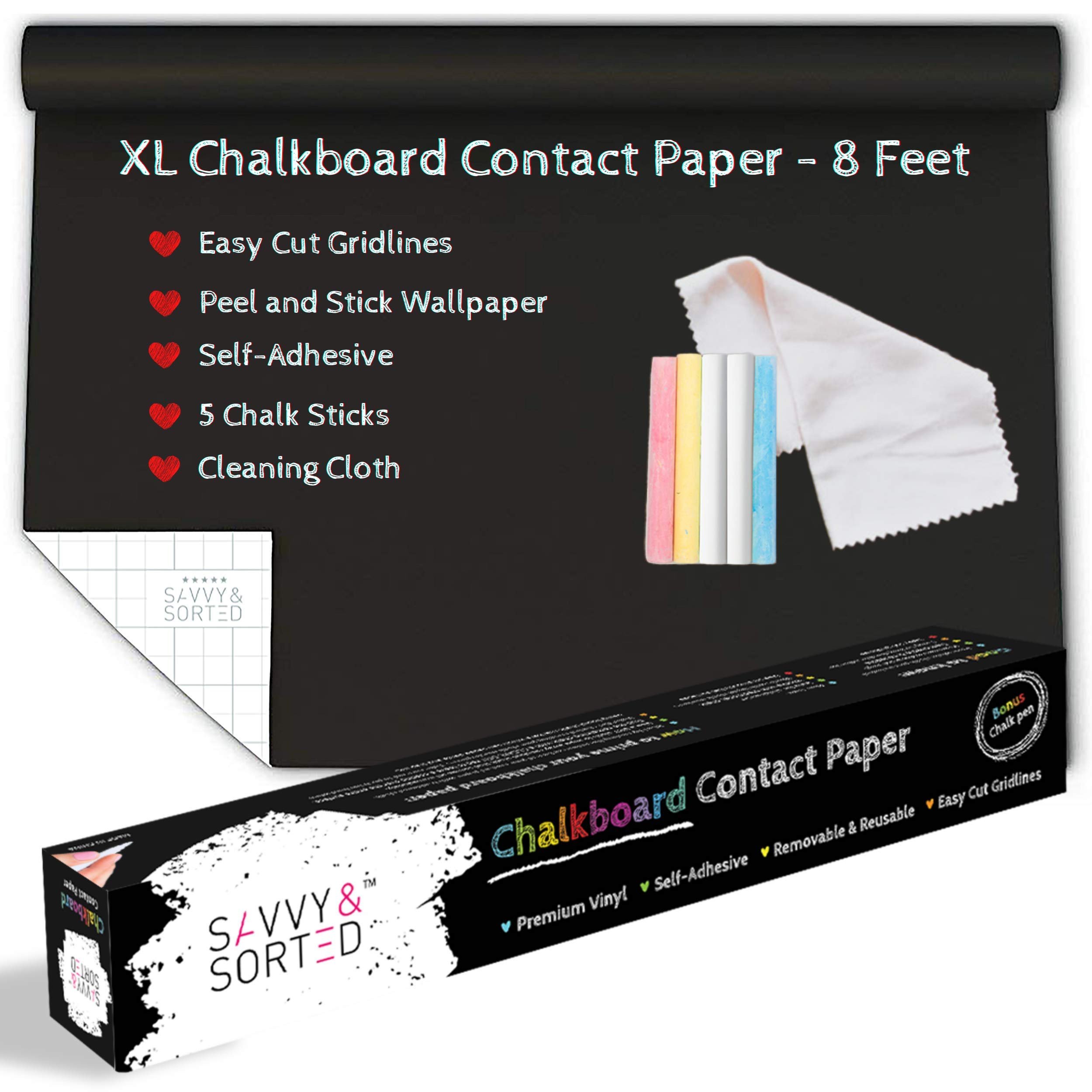 Book Cover SAVVY & SORTED Black Chalkboard Contact Paper 8 FT - XL Chalk Board Paper Roll Peel & Stick with Chalk Sticks - 17inW x 96inL - Removable Black Sticker Self Adhesive Wallpaper Blackboard Wall Decal