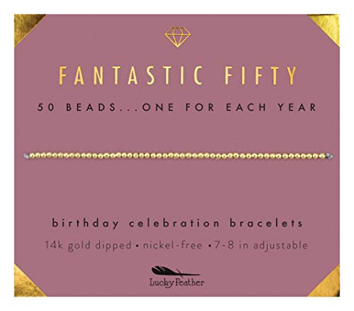Book Cover Lucky Feather 50th Birthday Gifts for Women; 14K Gold Dipped Beads Bracelet on Adjustable 7â€- 8â€ Cord - 50th Birthday Jewelry Gift Ideas