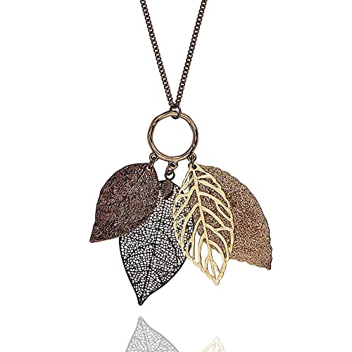 Book Cover POMINA Gold Silver Two Tone Filigree Fall Leaf Pendant Long Necklace Chic Sweater Chain Statement Necklace for Women