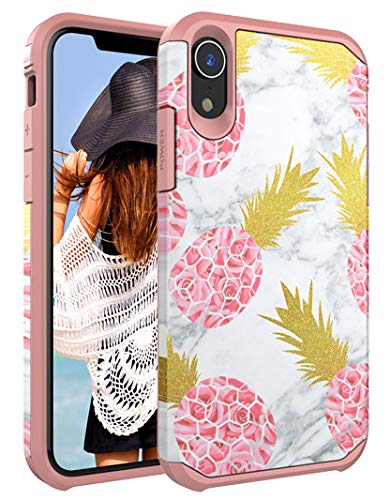 Book Cover Case for iPhone XR,CASY MALL Dual Layer Heavy Duty Hybrid PC+TPU Protect Case for Apple iPhone XR 6.1 Inch 2018 Pineapple Rose Pink