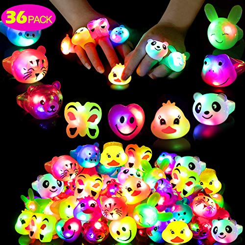 Book Cover Mikulala Unisex-Child Birthday Party Favors For Kids Prizes Flashing 3 Led Jelly Light Up Rings Toys Bulk Gift Blinky Glow In The Dark Party Supplies With 100 Glow Stars 9 Color 9 Shape One Size New 36 Rings
