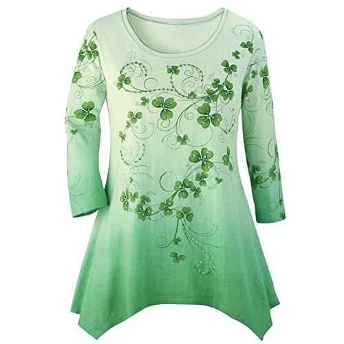 Book Cover Collections Etc Shamrock Printed Ombre Top, Sparkly Sequins & Green Background with 3/4 Sleeves and Scoop Neckline