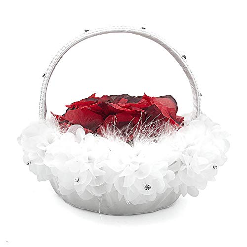 Book Cover Burcan Wedding Flower Girl Basket with Ostrich Fluff and Lace Flowers,9 inch by 9.5 inch