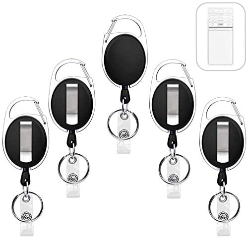 Book Cover 5 Pack Heavy Duty Retractable Badge Holders with Carabiner Reel Clip and Vertical Style Clear ID Card Holders, 24 inches Thick Kevlar Pull Cord