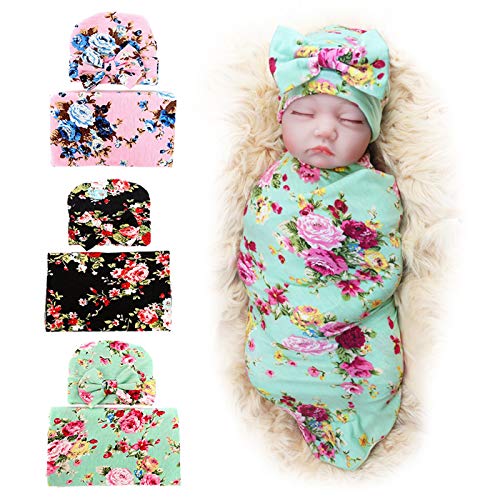 Book Cover BQUBO Newborn Baby Receiving Blankets 3 Pack Newborn Baby Floral Swaddling with Ear Headbands Infant Sleepsack