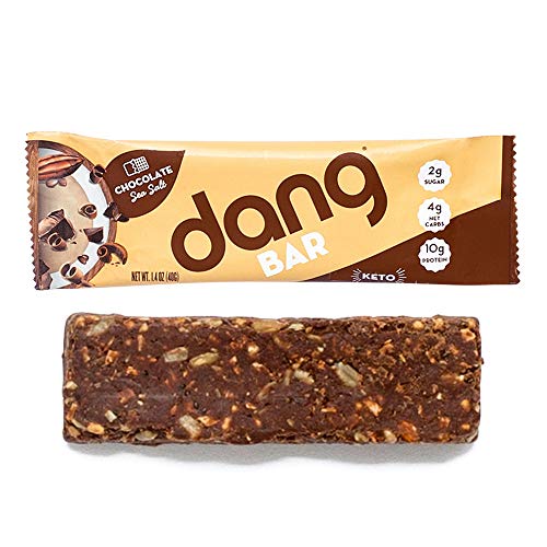 Book Cover Dang Bar - KETO CERTIFIED, Low Carb, Plant Based, Gluten Free, Real Food Snack Bar, 2g Sugar, 4g Net Carbs, No Sugar Alcohols or Artificial Sweeteners, 12 Count (Chocolate Sea Salt)
