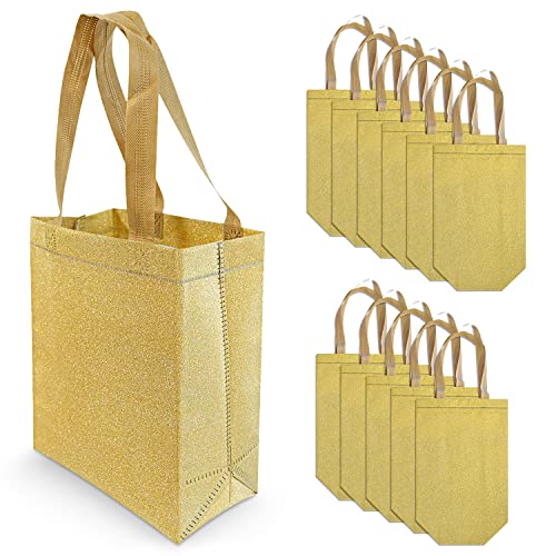 Book Cover Gold Gift Bags - 12 Pack Small Reusable Gift Bag Tote with Handles, Holographic Glitter Design, Eco Friendly for Christmas & Holiday Gifts, Birthday, Wedding & Party Favors, in Bulk - 8x4x10