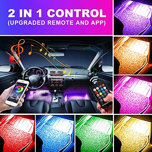 Book Cover OXILAM Car LED Strip Light, 4pcs 48 LED Multicolor Music LED Car Interior Lights, Wireless Remote and APP Control, Sound Active Function, Under Dash Lighting Kit for iPhone Android Smart Phone