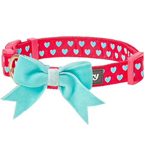 Book Cover Blueberry Pet Valentine Heart Flocking Dog Collar in Lust Red with Detachable Velvety Bowtie, Small, Neck 30cm-40cm, Adjustable Collars for Dogs