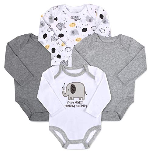 Book Cover Baby Essentials 4-Pack Long Sleeved Bodysuits (6 Month, Elephant)