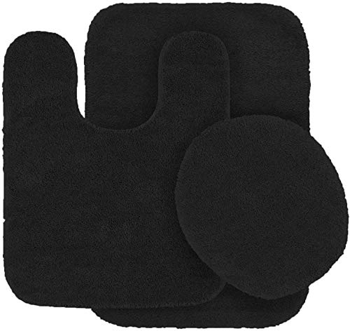 Book Cover Mk Home 3pc Absorbent Bath Mat Set Solid Black with Bath Rug, Contour Mat and Toilet Seat Lid Cover Non-Slip Rubber Blacking New