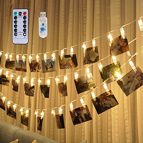 Book Cover Weepong 40 LED Photo Clips Lights, 16.4 ft USB Operated Remote Timer Fairy String Lights Holder for Picture Hanging Artwork Teen Girls Gift Wedding Wall Party Dorm Bedroom Decor (8 Modes Warm White)