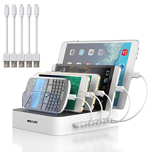 Book Cover Charging Station for Multiple Devices MSTJRY 5 Port Multi USB Charger Station with Power Switch Compatible with iPhone, iPad, Cell Phone, Tablets (White, 5 Mixed Short Cables Included)