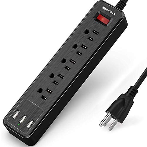 Book Cover SUPERDANNY USB Surge Protector Power Strip Mountable Extension Cord Multiple Protection 5 Outlet 3 USB Port with Hook & Loop Fastener for iPhone iPad PC Home Office Travel Black