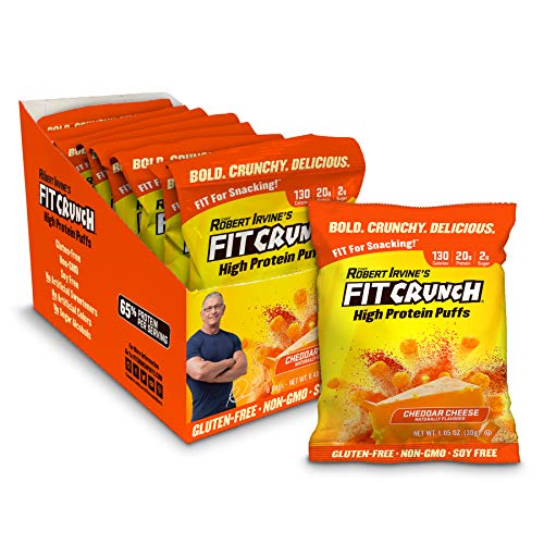 Book Cover FITCRUNCH Protein Puffs, Keto Cheese Crisps, Designed by Robert Irvine, Keto-Friendly, Protein Snack & Keto Snack, Low Sugar, NON-GMO, Gluten Free, 20g of Protein, 240g (8 Bags) (Cheddar Cheese)