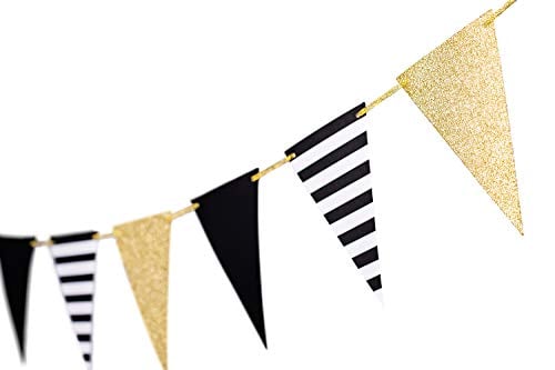 Book Cover 10 Feet Gold Black Banner Party Decoration Home Coming Welcome Party Supplies Bunting Signs Decoration for Birthday Gatsby Party Supplies Nursery Decoration15 Pieces Flags(Gold Black and Striped)