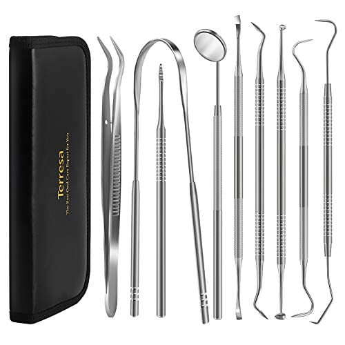 Book Cover Dental Tools, Terresa 9 Pack Dental Pick Stainless Steel Dental Scaler Hygiene Kit, Dental Scraper and Mouth Mirror, Teeth Cleaning Tool for Dentist, Home & Pet Oral Care Set with Leather Case