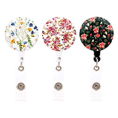 Book Cover HEYGOO Floral Series Retractable Badge Holder, ID Badge Reel Cord with Alligator Clip (3 Pack)