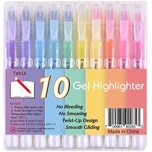 Book Cover Tebik Gel Highlighter, 10 Colors Dry Highlighter Study Kit, Highlighters Assorted Colors, Twistable Design, No Bleeding Great for Journaling, Highlighting and Studying
