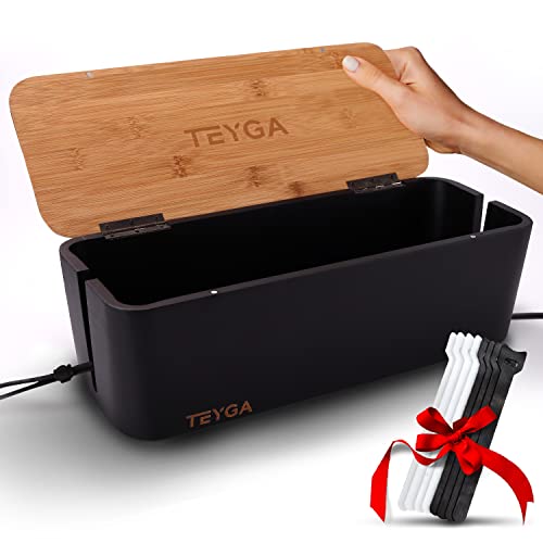 Book Cover TEYGA Bamboo Cable Management Box - Stylish Cord Organizer Box, Cord Hider Box and Power Strip Box - Keeps Cords Untangled - Surge Protector Cover Keeps Children Safe - TV Cord Box for Home and Office