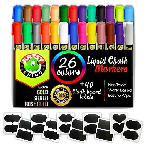 Book Cover Liquid Chalk Markers - 26 Whiteboard Neon & Metallic Colors | Chalkboard Safe Dustless Wet Erase Paint Pens | Fine Tips for Blackboard, Glass & Windows, Bistro & Restaurant Menu Board Use, Kids Art