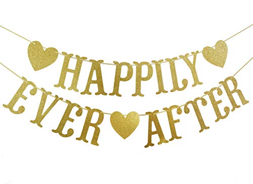 Book Cover Happily Ever After Gold Glitter Bunting Banner, Engagement,Bridal Shower, Wedding Party Decorations(Gold)