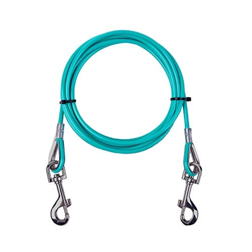 Book Cover AMOFY 10ft Dog Tie Out Cable - Galvanized Steel Wire Rope with PVC Coating for Dogs up to 80 Pound Teal Blue