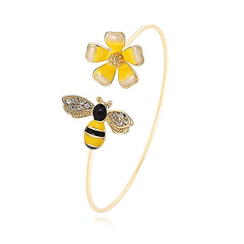 Book Cover MANZHEN Fashion Yellow Flower and Honey Bee Adjustable Charm Bangle Bracelet Women Jewelry