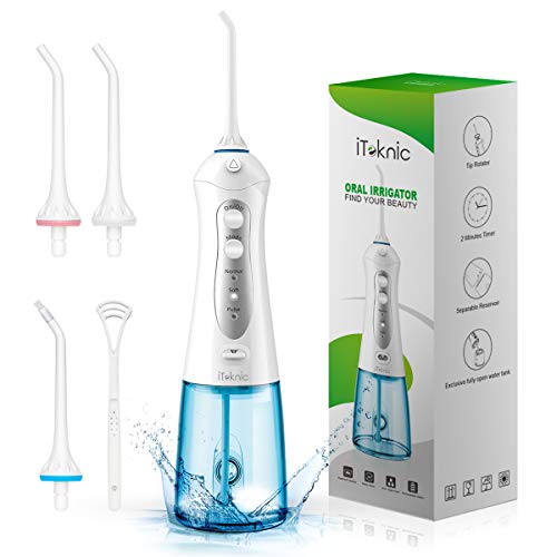 Book Cover Cordless Water Flosser for Teeth, iTeknic Dental Oral Water Irrigator Pik Portable with 300ml Water Tank, 4+1 Jet Tips Teeth Cleaner for Braces, 3 Modes, IPX7 Waterproof, USB Rechargeable, 1 Tips Box