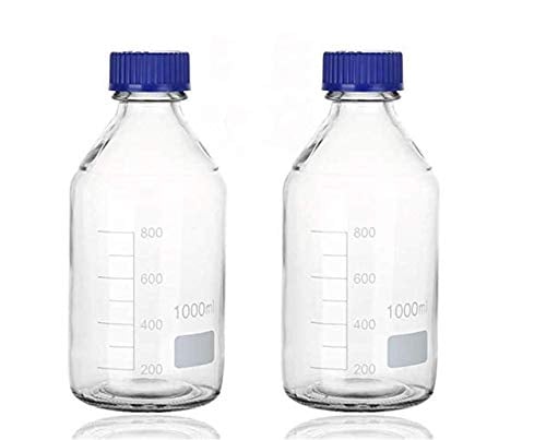 Book Cover Cadamada 1000 ML Thick Glass Round Media Storage Bottles with Blue GL45 Screw Cap Pk/2 Thick Graduated Borosilicate Pyrex Glass Container