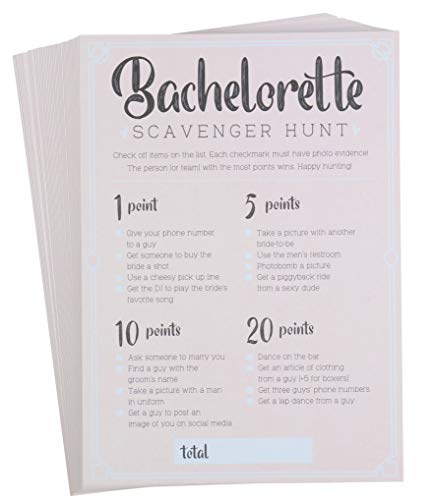 Book Cover Bachelorette Party Games - 50-Pack Bar Scavenger Hunt Drinking Game and Dares, Fun Novelty Cards for Girls Night Out, Bachelorette Party Supplies, 5 x 7 Inches