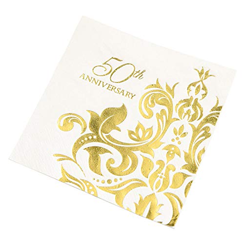 Book Cover Crisky 50th Wedding Anniversaray Cocktail Napkins, [ Gold Foil More Shiny More Elegant ] Golden Wedding Anniversary Beverage Napkins, 50th Wedding Anniversary Party Decorations 100 Pcs, 3-ply