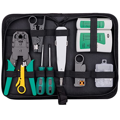 Book Cover Hiija 9 in 1 Network Tool Kits Professional Cat6 Rj45 Crimp Tool 8P8C Rj45 Connectors Cable Tester 2Pack Screwdriver Stripping Tool Set