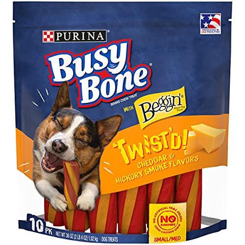 Book Cover Purina Busy With Beggin' Made in USA Facilities Small/Medium Breed Dog Chew, Twist'd Cheddar & Hickory Smoke Flavors - 10 ct. Pouch
