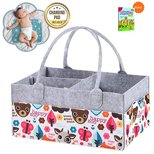 Book Cover Diaper Caddy Organizer - Large Felt Portable Storage Bag & Tote Basket For Baby Bath Table,Nursery Needs & Car Travel.Must Haves Diapering Organizers/Holder & Gift For Newborn Shower.FREE Changing Pad