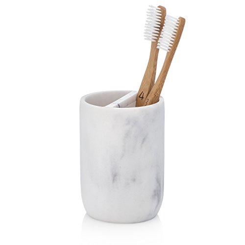Book Cover Essentra Home White Marble Toothbrush Holder | Small Toothbrush & Toothpaste Organizer | Blanc Collection