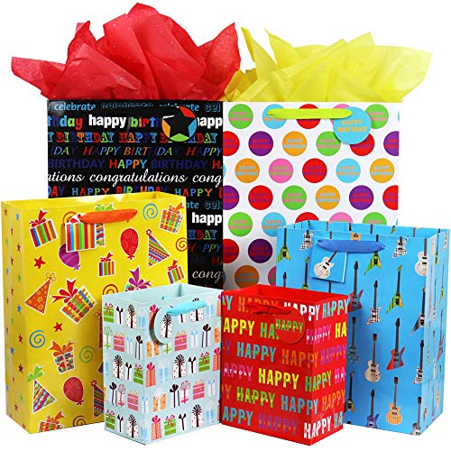 Book Cover Fzopo Birthday Gift Bag Assortment with Ribbon Handle, 12 Pcs Premium Quality Assorted Sizes Paper Bags Set, XL 43x33x16.5, Large 38x30.5x12.2, Medium 22.9x17.8x10.7 cm (6 Designs)