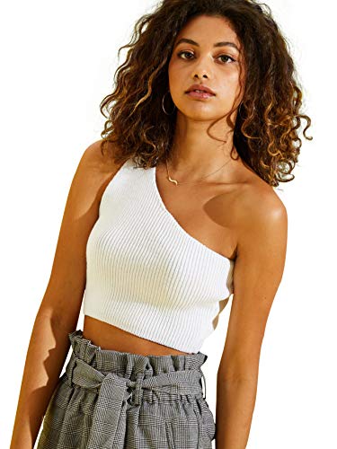 Book Cover SheIn Women's Plain One Shoulder Stretchy Ribbed Knit Crop Top