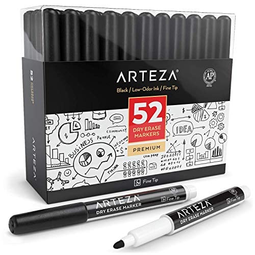Book Cover ARTEZA Dry Erase Markers, Bulk Pack of 52 (with Fine Tip), Black Color with Low-Odor Ink, Whiteboard Pens is perfect for School, Office, or Home