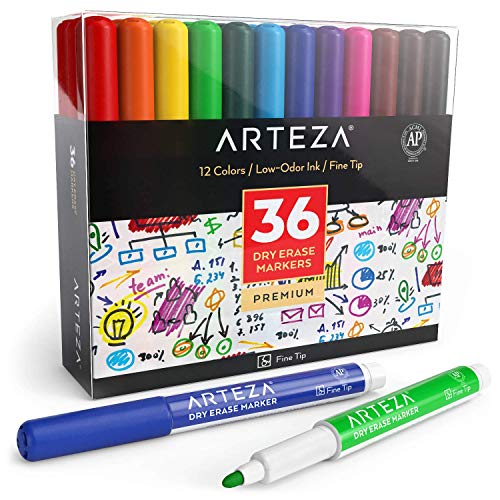 Book Cover ARTEZA Dry Erase Markers, Pack of 36 (with Fine Tip), 12 Assorted Colors with Low-Odor Ink, Whiteboard Pens is perfect for School, Office, or Home