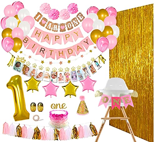 Book Cover ReignDrop Baby Girl 1st Birthday Decorations Set – First Birthday Party Supplies - Happy Birthday,12 Month Photo, I am One Banner - High Chair Decoration – With Poms, Balloons, Backdrops, Hat and more (Girl Set)