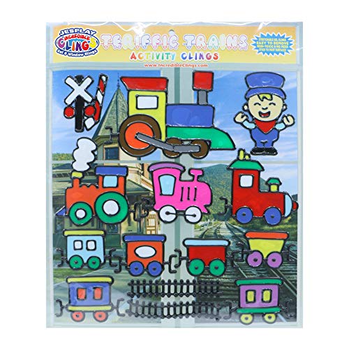 Book Cover Terrific Trains Gel Window Clings for Kids - Window Stickers for Toddlers, Gel Clings Window Decals Kids Jelly Reusable Sticker - Home Car Plane Airplane Activities (Jesplay USA)