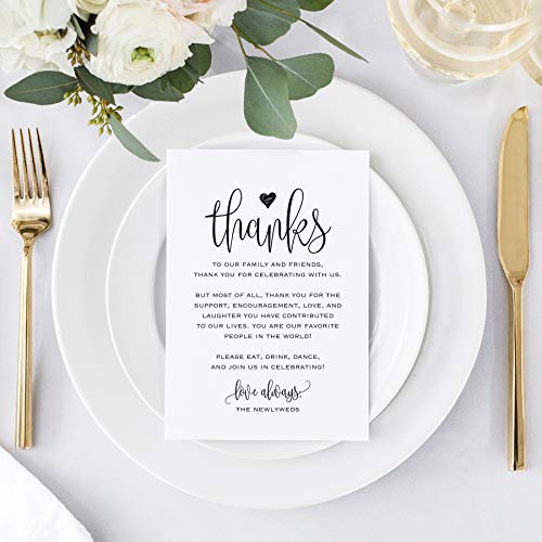 Book Cover Bliss Collections Wedding Thank You Place Setting Table Cards - Great Addition to Your Centerpiece Decor or Wedding Decorations for Reception, Pack of 50, 4x6 Modern Calligraphy Design